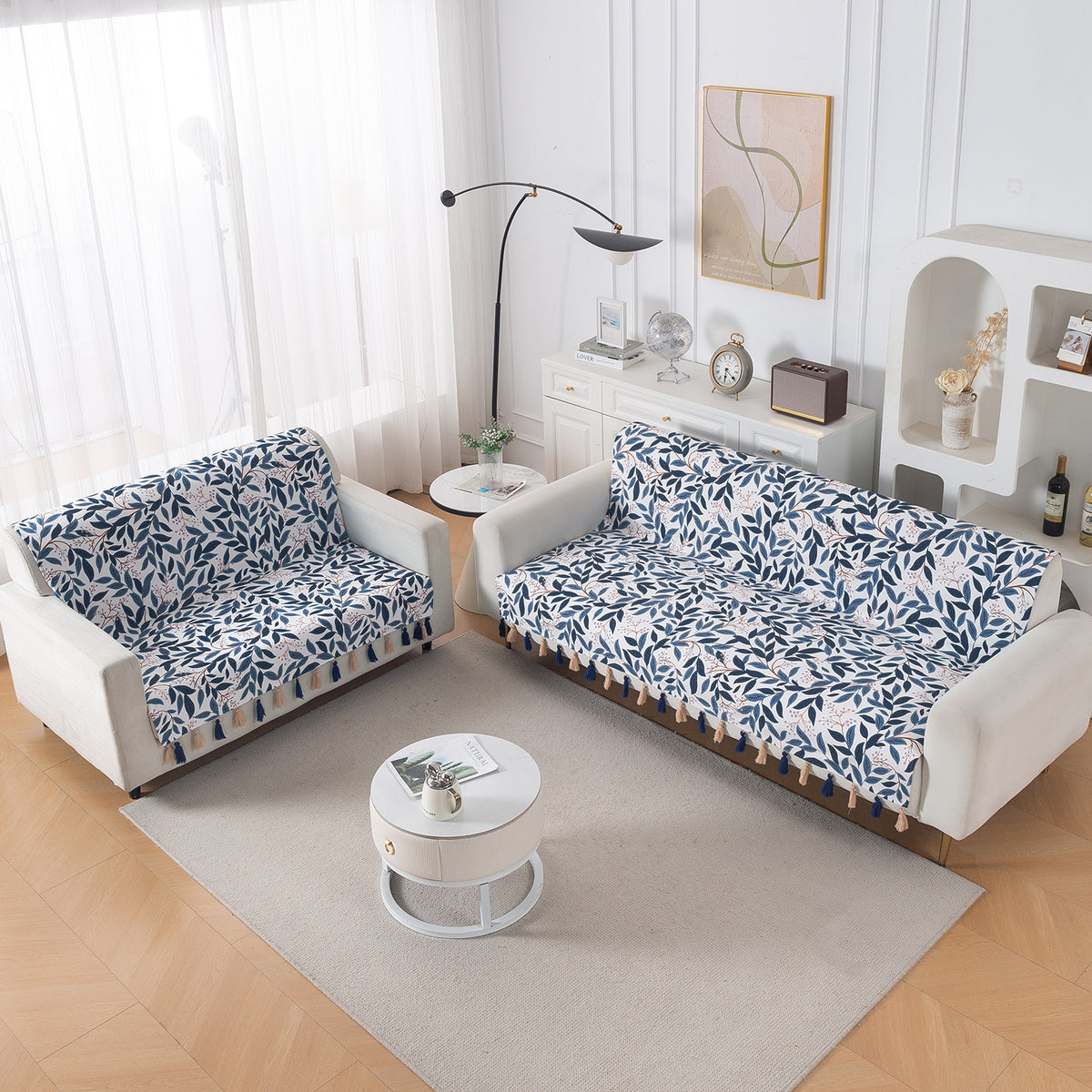 'Whispers of Nature' Series Holland Velvet Sofa Cover with Tassel, Indigo Foliage