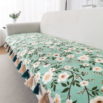 'Whispers of Nature' Series Holland Velvet Sofa Mat with Tassel, Sage Floral Vine