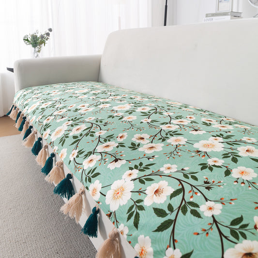 'Whispers of Nature' Series Holland Velvet Sofa Mat with Tassel, Sage Floral Vine