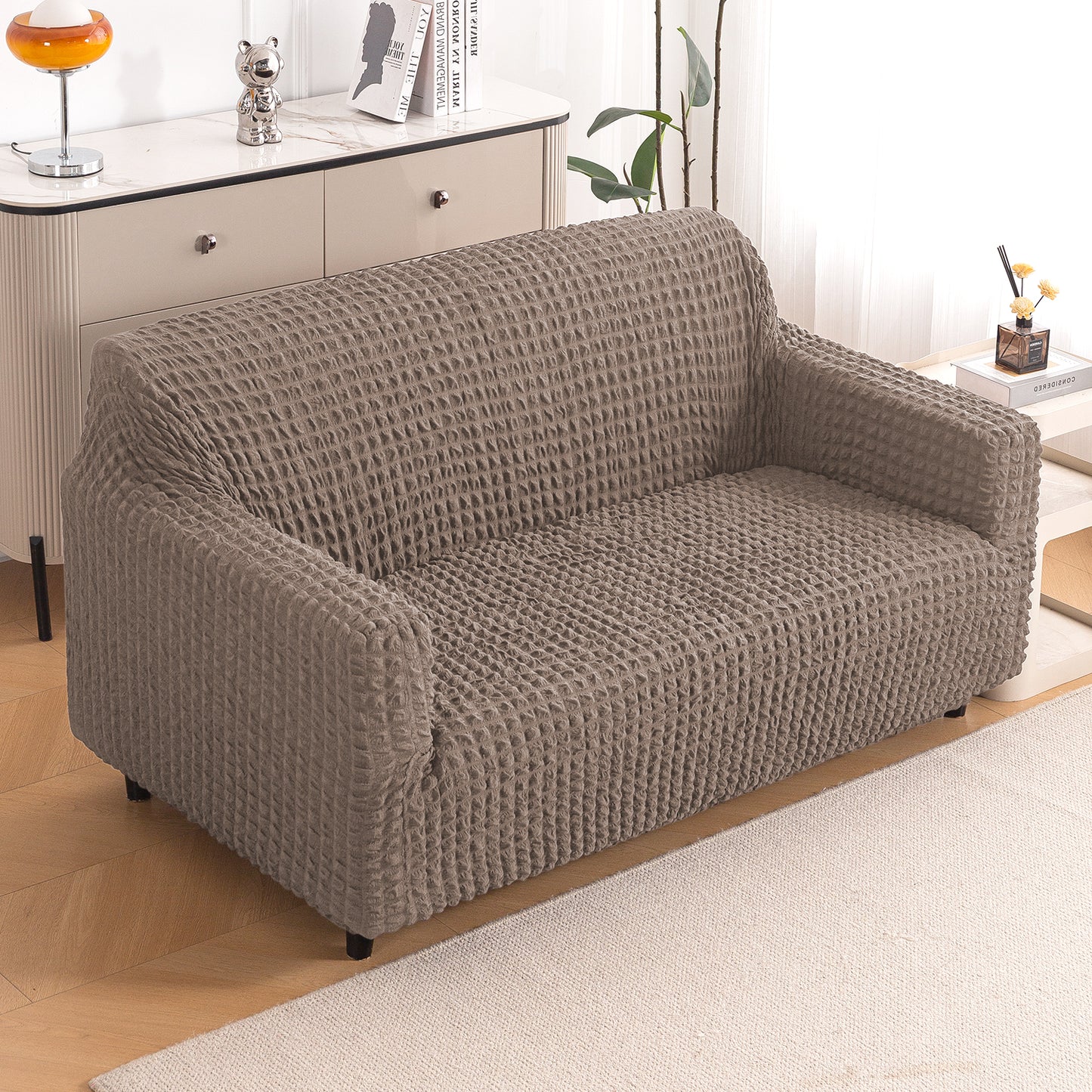 Aria Nova Elastic 280 GSM Stretchable Bubble Sofa Cover , Mocha Brown