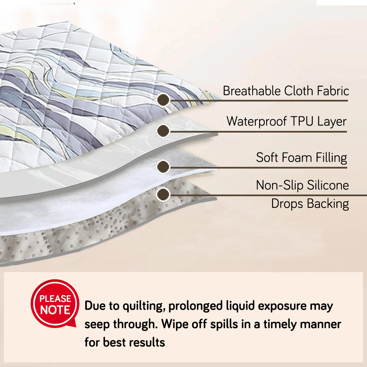 Quilted Waterproof Sofa Cover Mat with Pockets on Armrest Cover - Curved Lines Pearl White