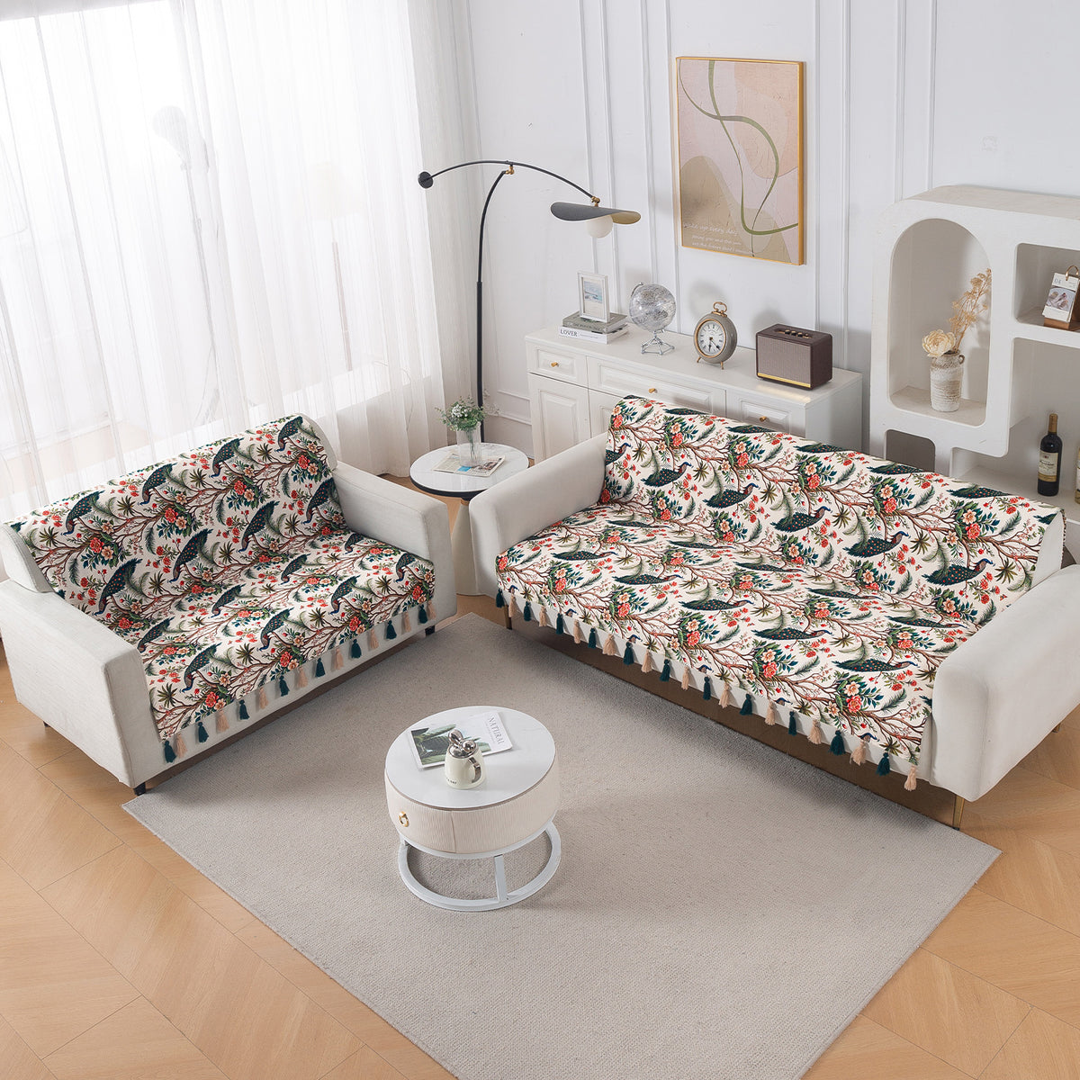 'Whispers of Nature' Series Holland Velvet Sofa Cover with Tassel, Multicolor Tropical Peacock