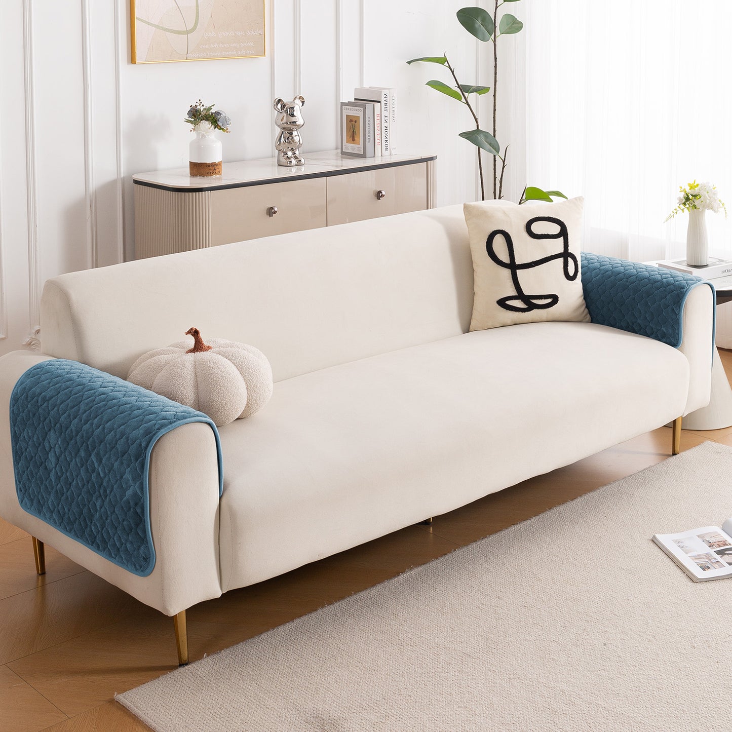 Diamond Plush Pebble Quilted Sofa Cover Mat, Blue