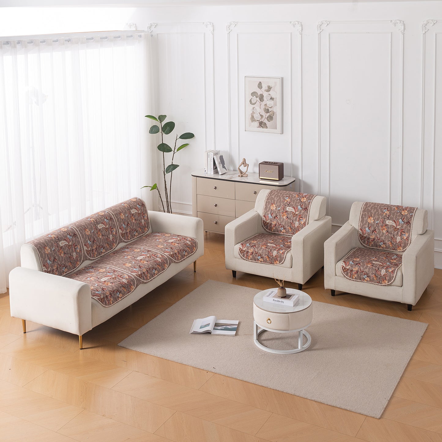 HeavenHue Fleece Soft Touch Quilted Sofa Cover Set Washable Sofa Panel for Seat & Bk - Vintage Bloom