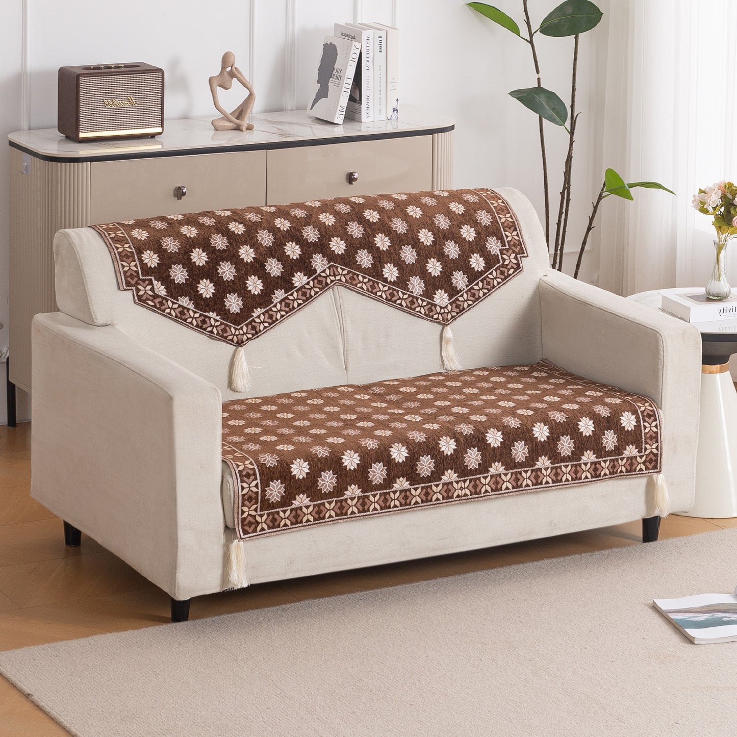 Heritage Weave Premium Jacquard Sofa Cover Set with Tassels - Russet Brown