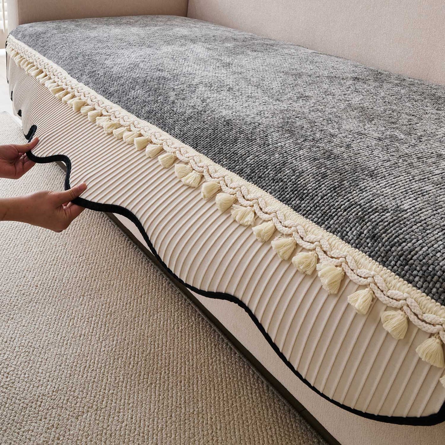 Thick Woven Weave Chenille Sofa Cover with Tassel|'Wavy Royale Series' Moon Grey