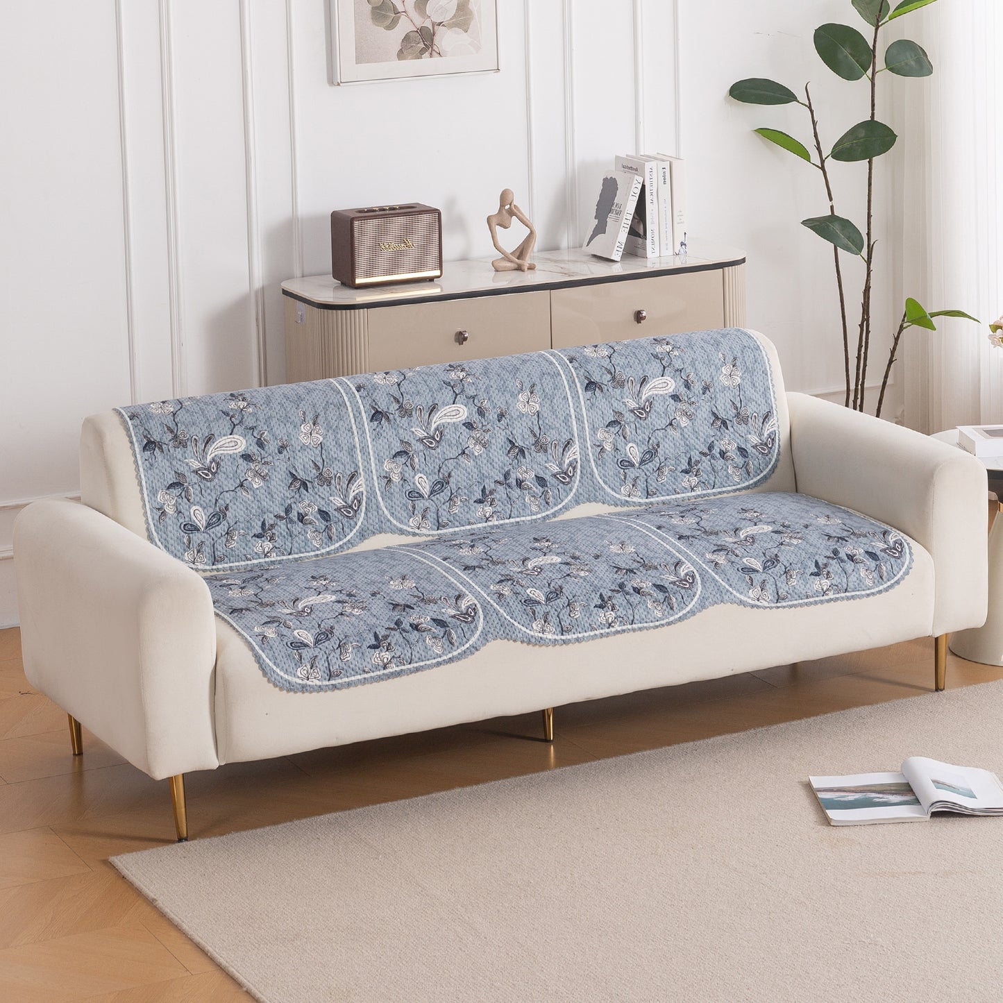 HeavenHue Fleece Soft Touch Quilted Sofa Cover Set Washable Sofa Panel for Seat & Back - Frosted Petals