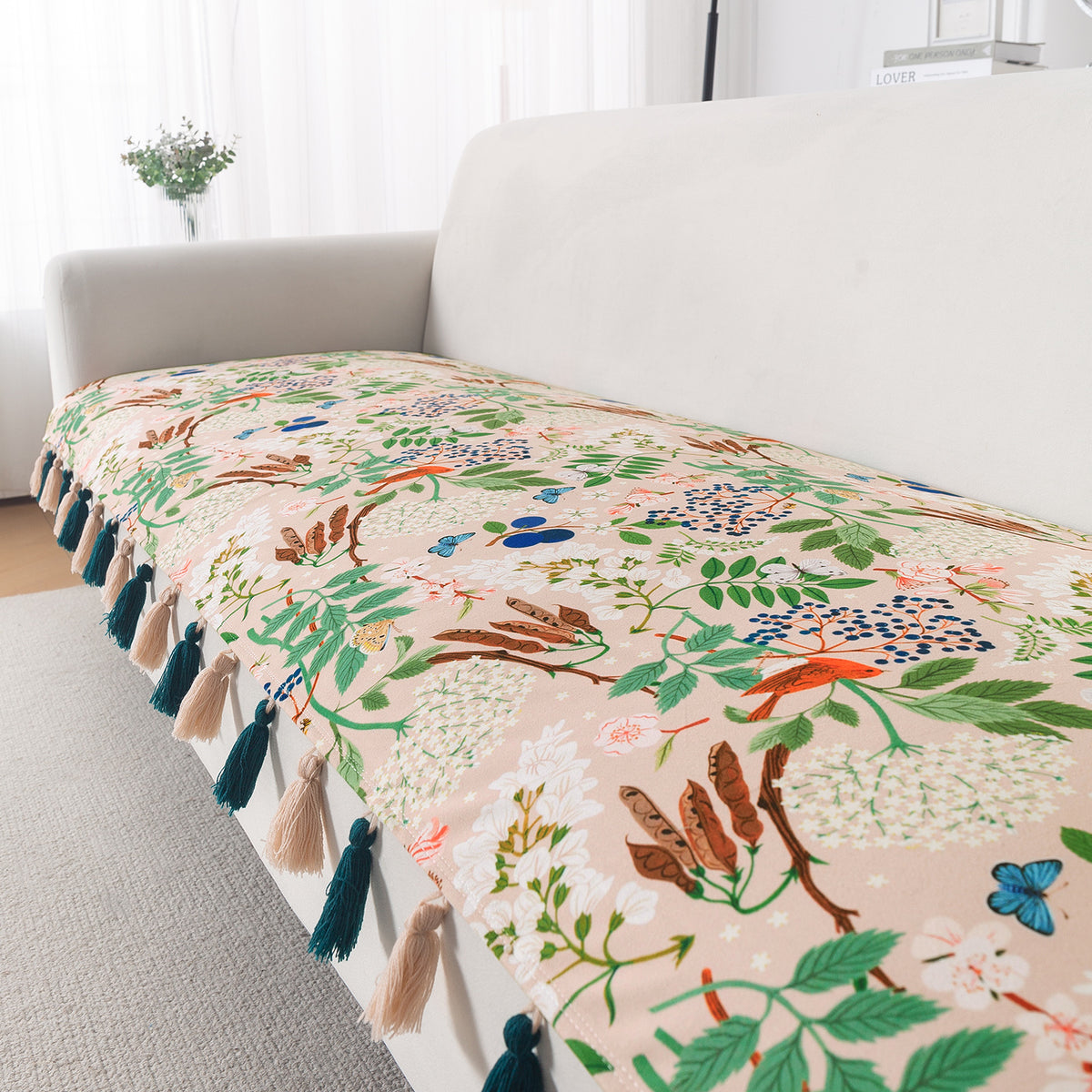 'Whispers of Nature' Series Holland Velvet Sofa Mat with Tassel, Beige Woodland Bloom