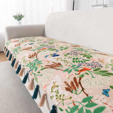 'Whispers of Nature' Series Holland Velvet Sofa Mat with Tassel, Beige Woodland Bloom