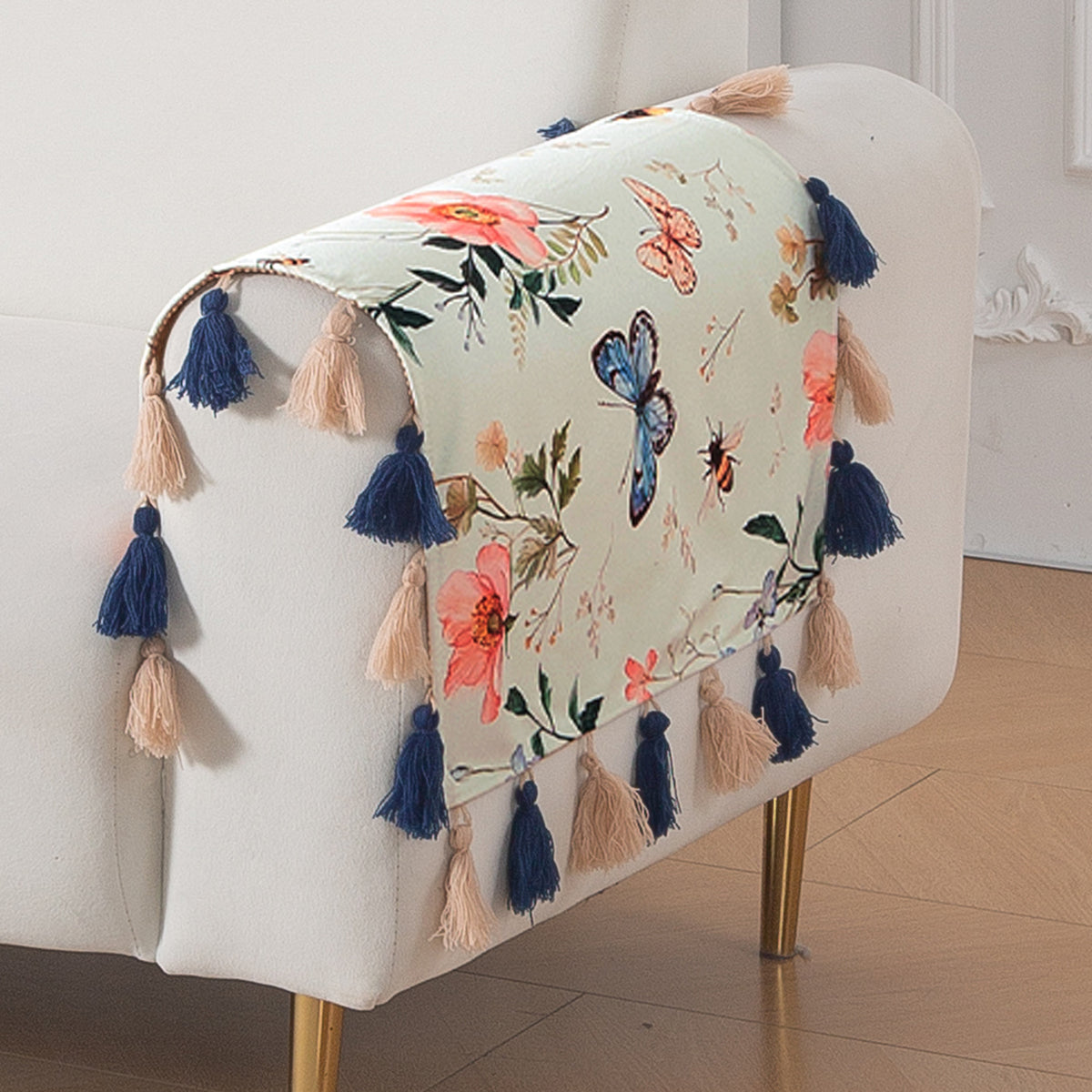 'Whispers of Nature' Series Holland Velvet Sofa Cover with Tassel, Pastel Butterfly Meadow