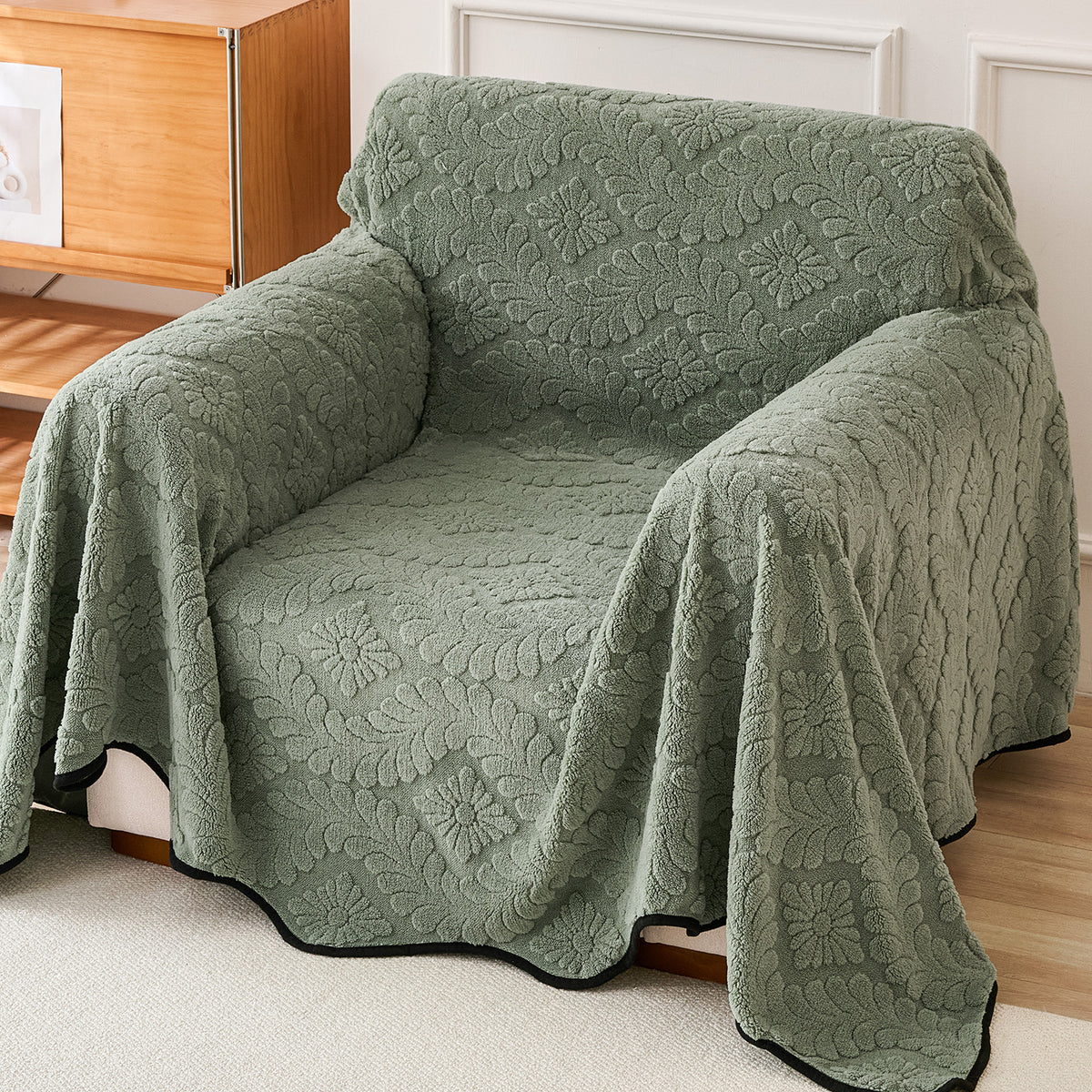 Buy Sage Green Colour Wavy Petal Crest Series Plush Sofa Throw Cover | HOKIPO 