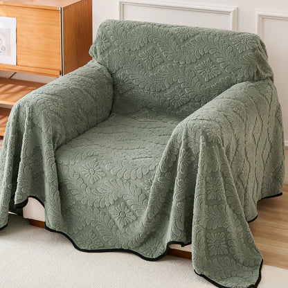 Buy Sage Green Colour Wavy Petal Crest Series Plush Sofa Throw Cover | HOKIPO 