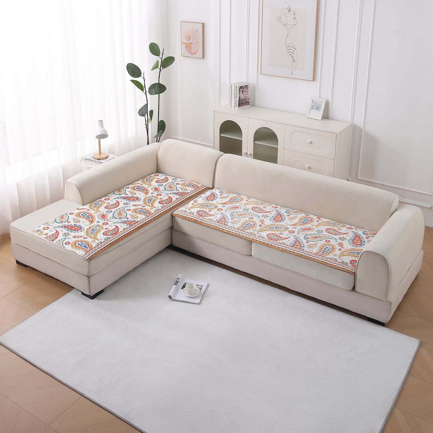 LiefNest Printed Holland Velvet L Shape Sofa Seat Mat with Foam Filling - Paisley Multicolor