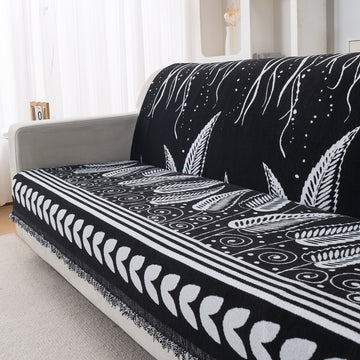 Premium 320 GSM Chenille Sofa Cover 'Serene Abode Series', Black Fern Tribal
