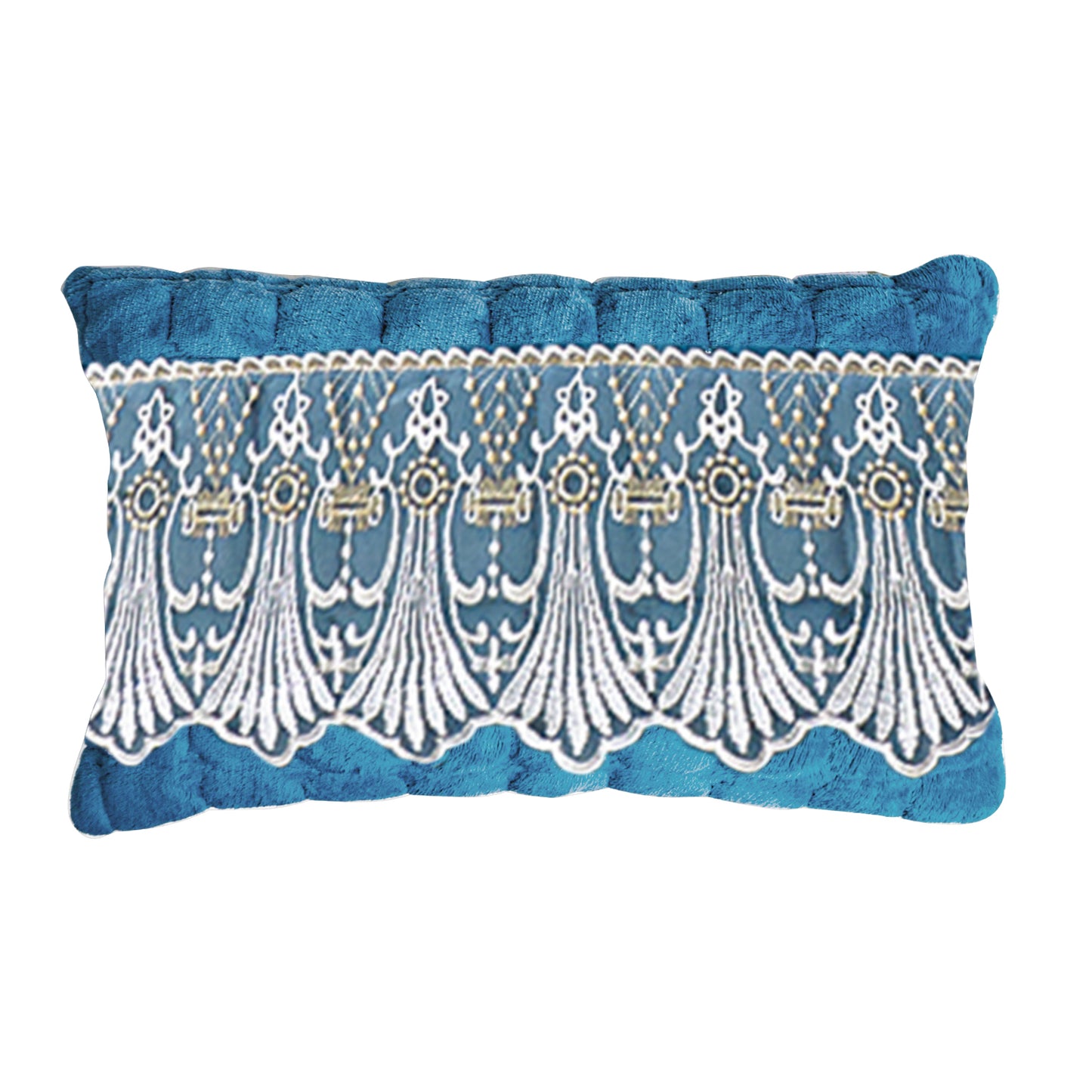 Premium Milk Velvet Sofa Cushion Cover with Lace Design, Celdaon Blue