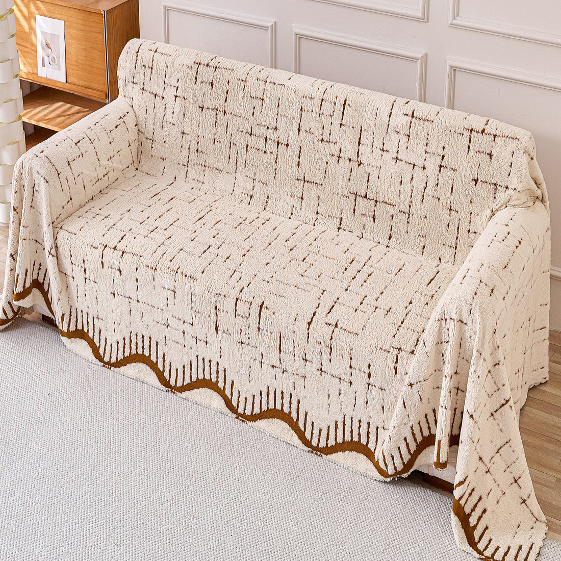Buy Cream Brown Colour Supple Soft Wavy Plush Sofa Throw for Complete Sofa | HOKIPO