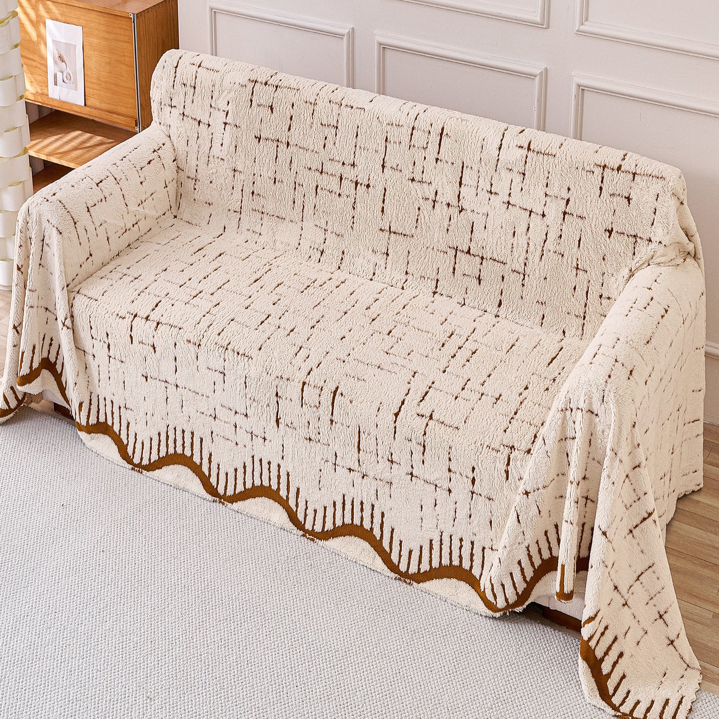 Buy Cream Brown Colour Supple Soft Wavy Plush Sofa Throw for Complete Sofa | HOKIPO