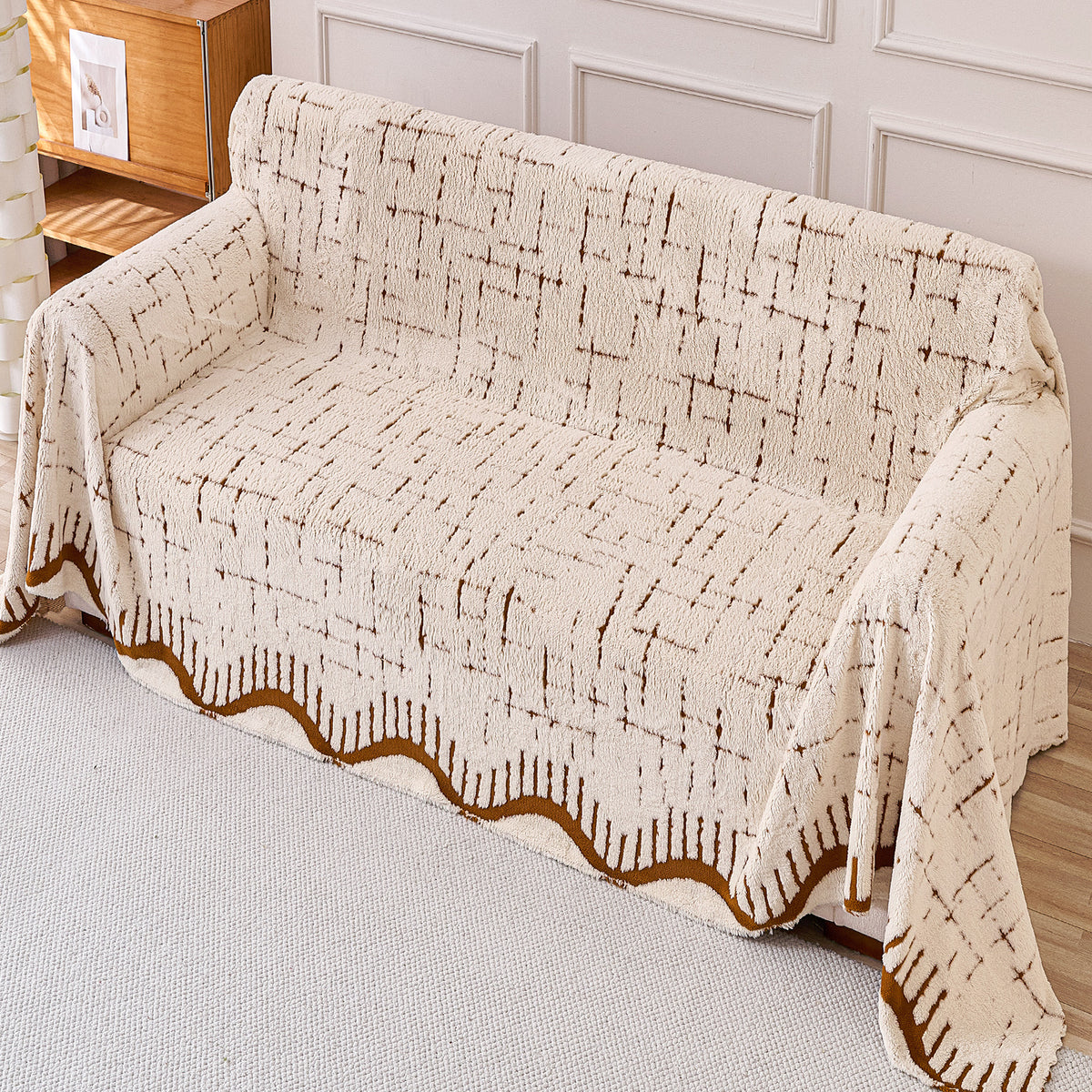 Buy Cream Brown Colour Supple Soft Wavy Plush Sofa Throw for Complete Sofa | HOKIPO