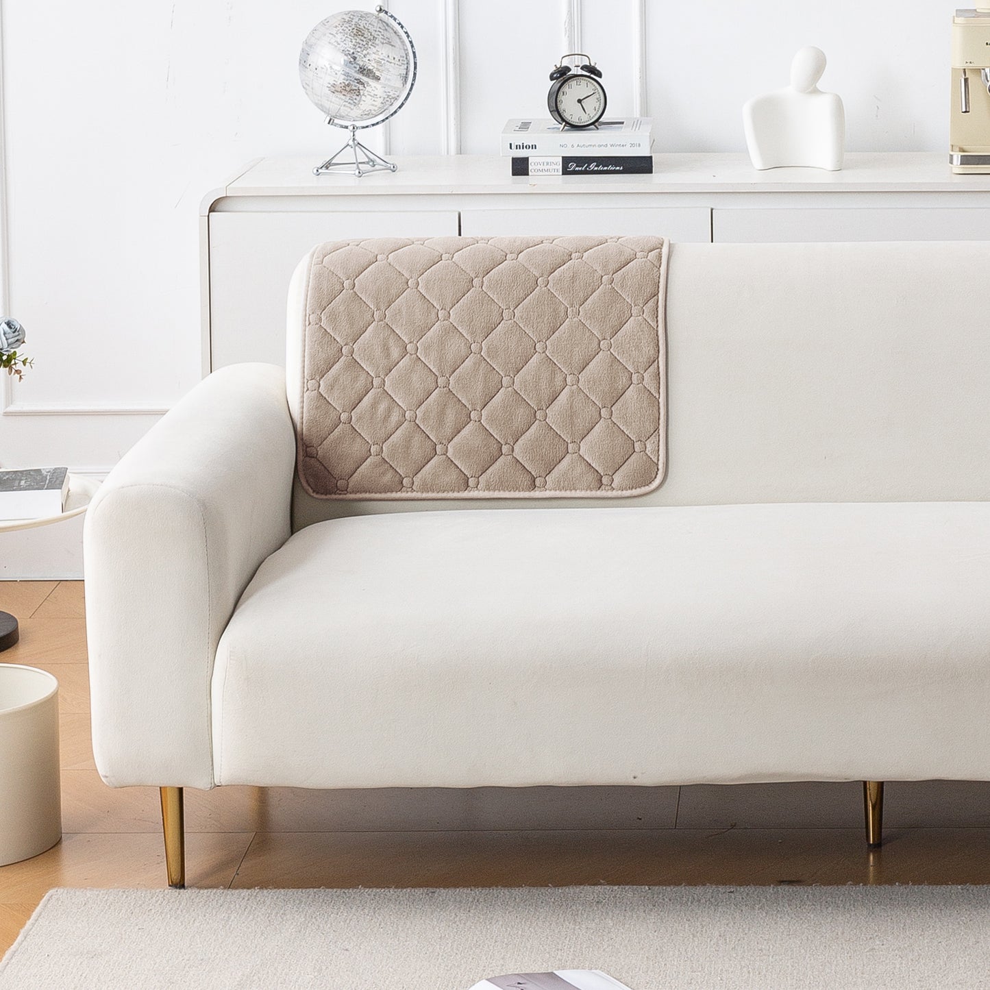 Diamond Tuft Plush Sofa Cover Mat, Warm Taupe