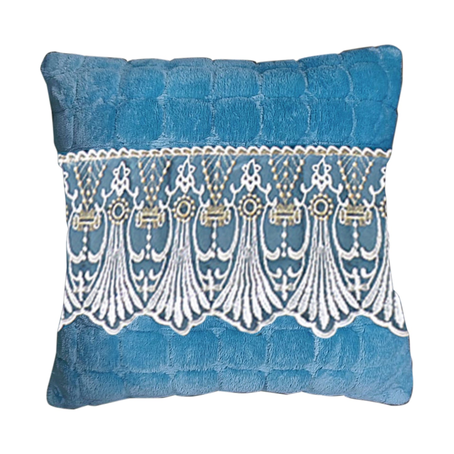 Premium Milk Velvet Sofa Cushion Cover with Lace Design, Celdaon Blue
