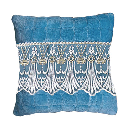 Premium Milk Velvet Sofa Cushion Cover with Lace Design, Celdaon Blue