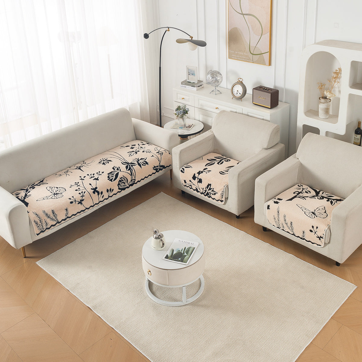 Luxury Plush Sherpa Anti Slip Combination Sofa Mat, 'Noirea Series'|Butterfly Garden