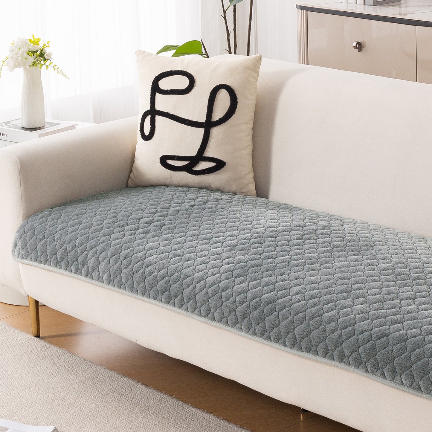 Diamond Plush Pebble Quilted Sofa Cover Mat, Grey