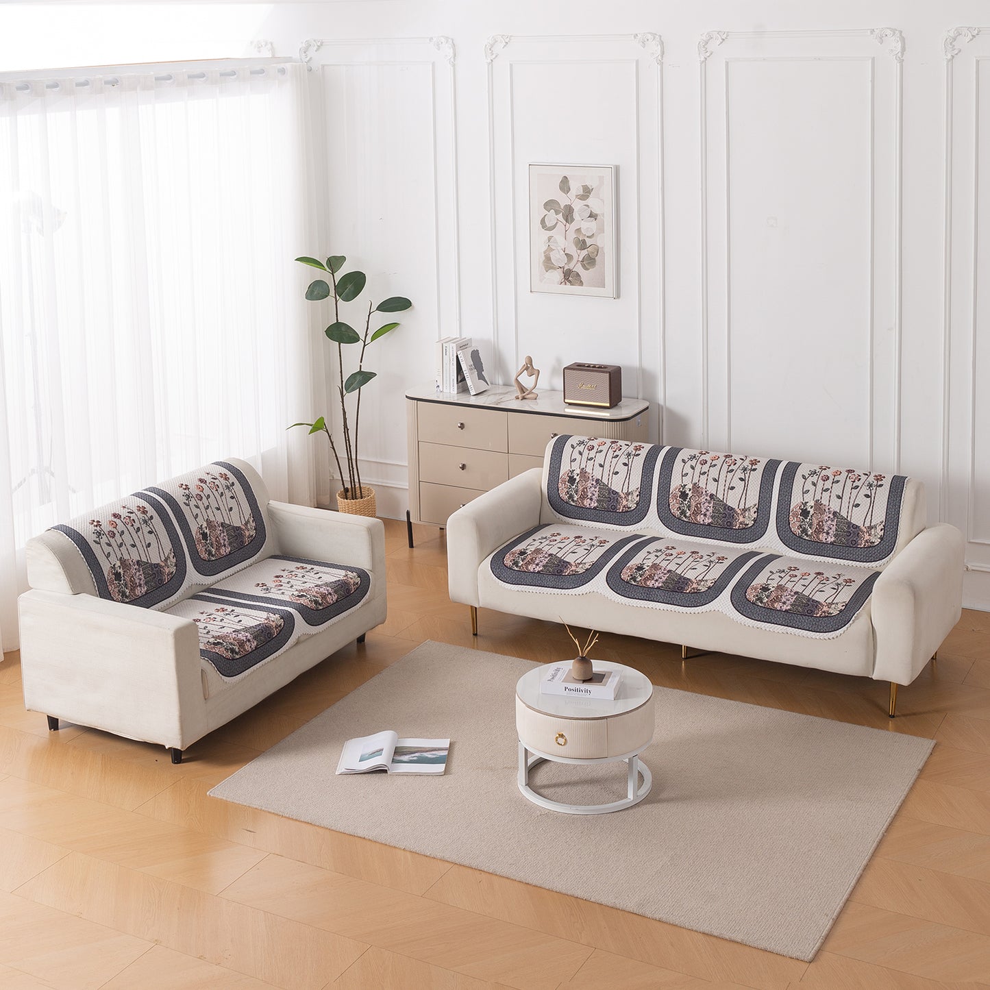 HeavenHue Fleece Soft Touch Quilted Sofa Cover Set Washable Sofa Panel for Seat & Back - Mystic Wings