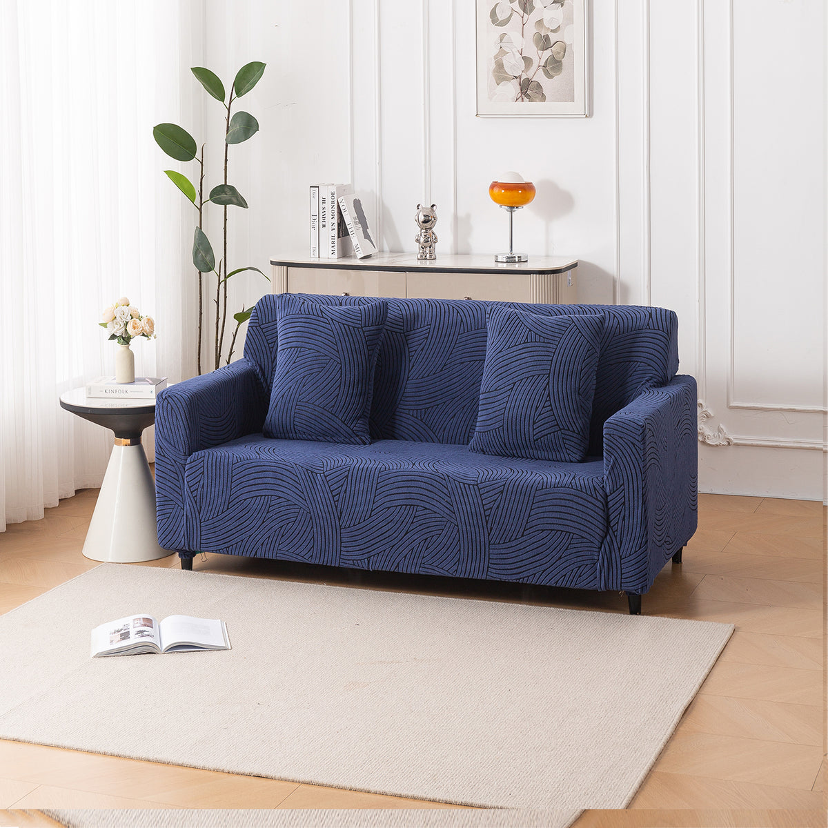 Buy royal blue colour waveline series jacquard 2 seater sofa cover​s