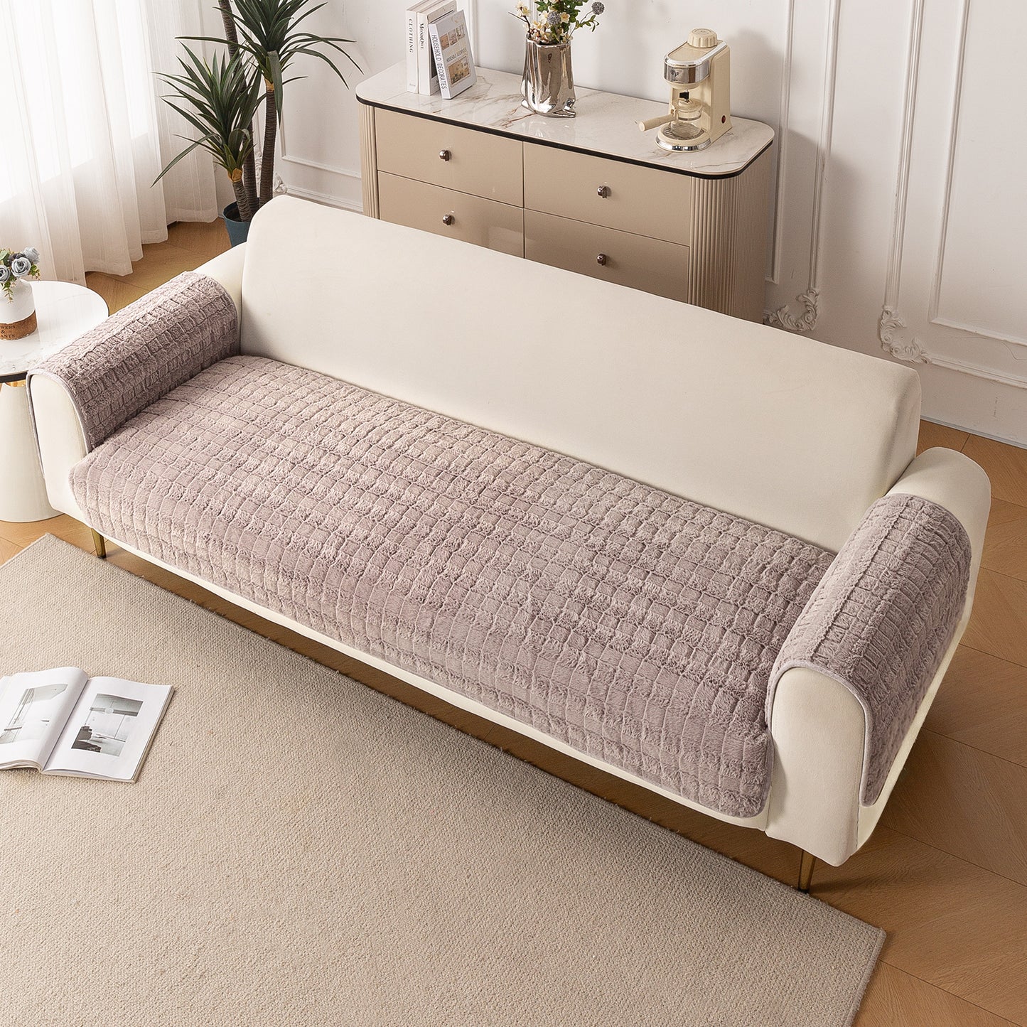 Luxury Plush Anti Slip Sofa Cover Mat with 2 Arm Cover, Beige