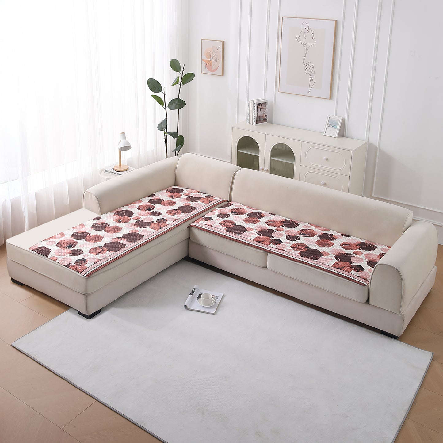 LiefNest Printed Holland Velvet L Shape Sofa Seat Mat with Foam Filling - Geometric Hexagon Cider Red
