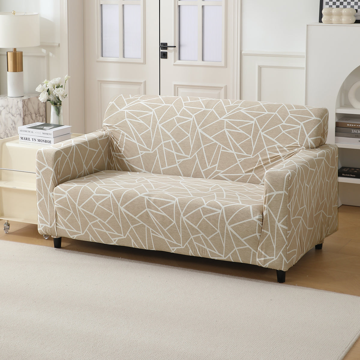Beige Abstract Geometry Print modern Elastic 2seater sofa cover​s  