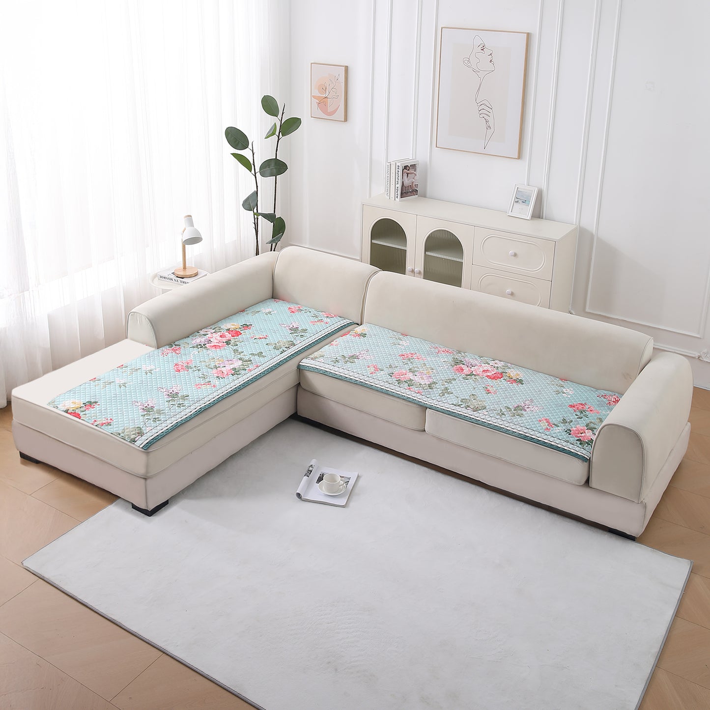 LiefNest Printed Holland Velvet L Shape Sofa Seat Mat with Foam Filling - Fresh Floral Pastel Blue