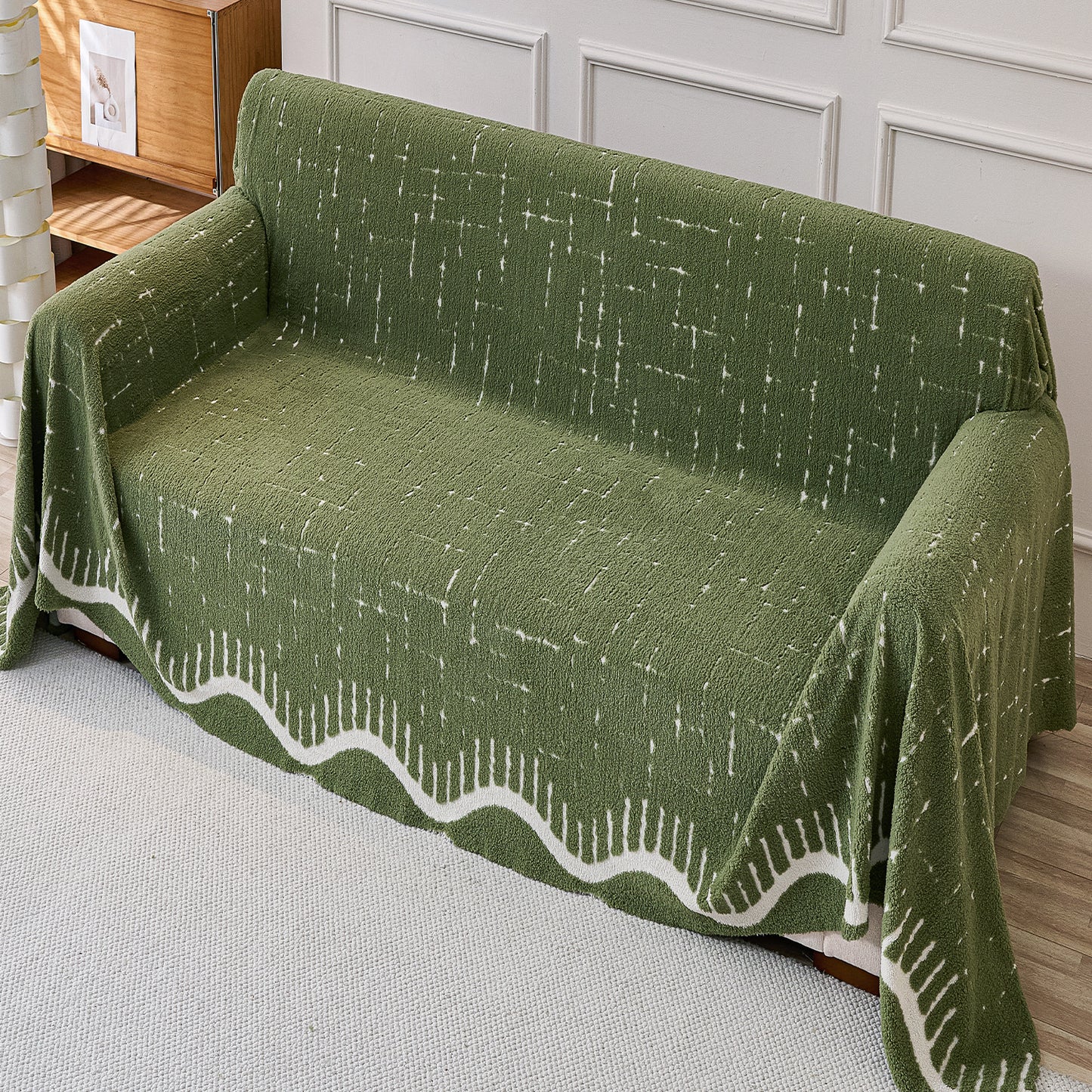 Buy Green Colour Supple Soft Wavy Plush Sofa Throw for Complete Sofa | HOKIPO