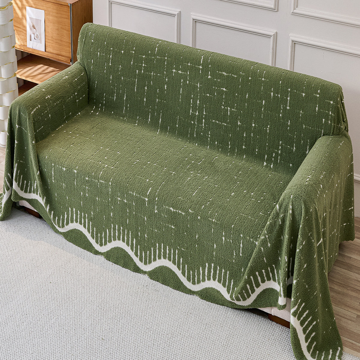 Buy Green Colour Supple Soft Wavy Plush Sofa Throw for Complete Sofa | HOKIPO