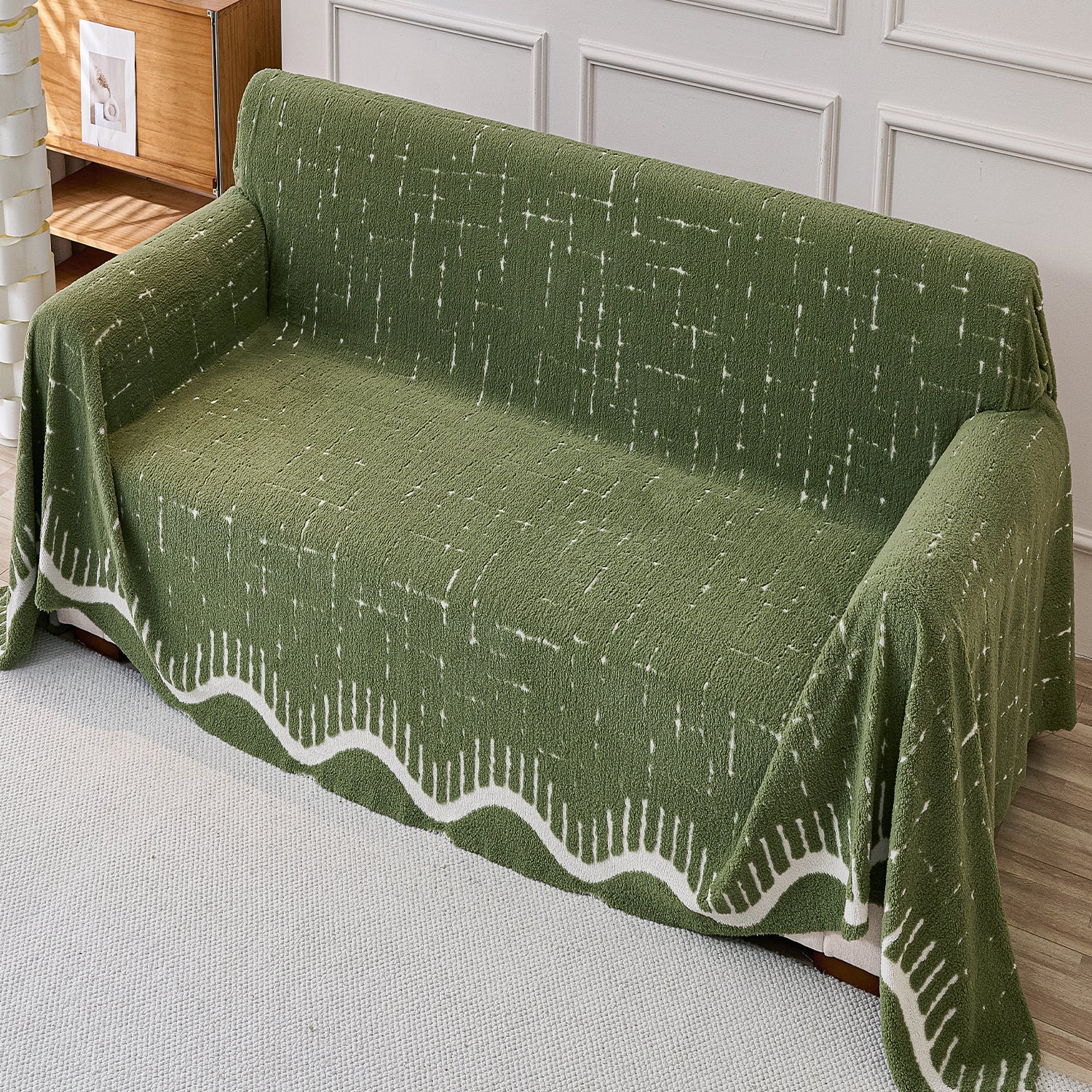 Buy Green Colour Supple Soft Wavy Plush Sofa Throw for Complete Sofa | HOKIPO