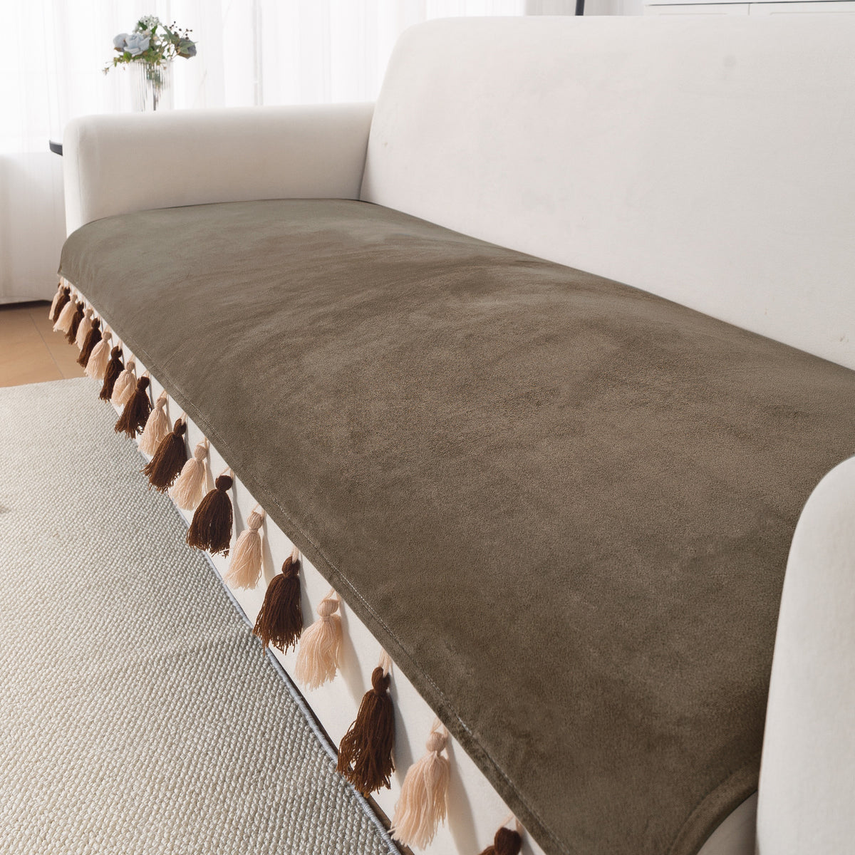 Tassel Tone Holland Velvet Sofa Cover Mat, Coffee Brown