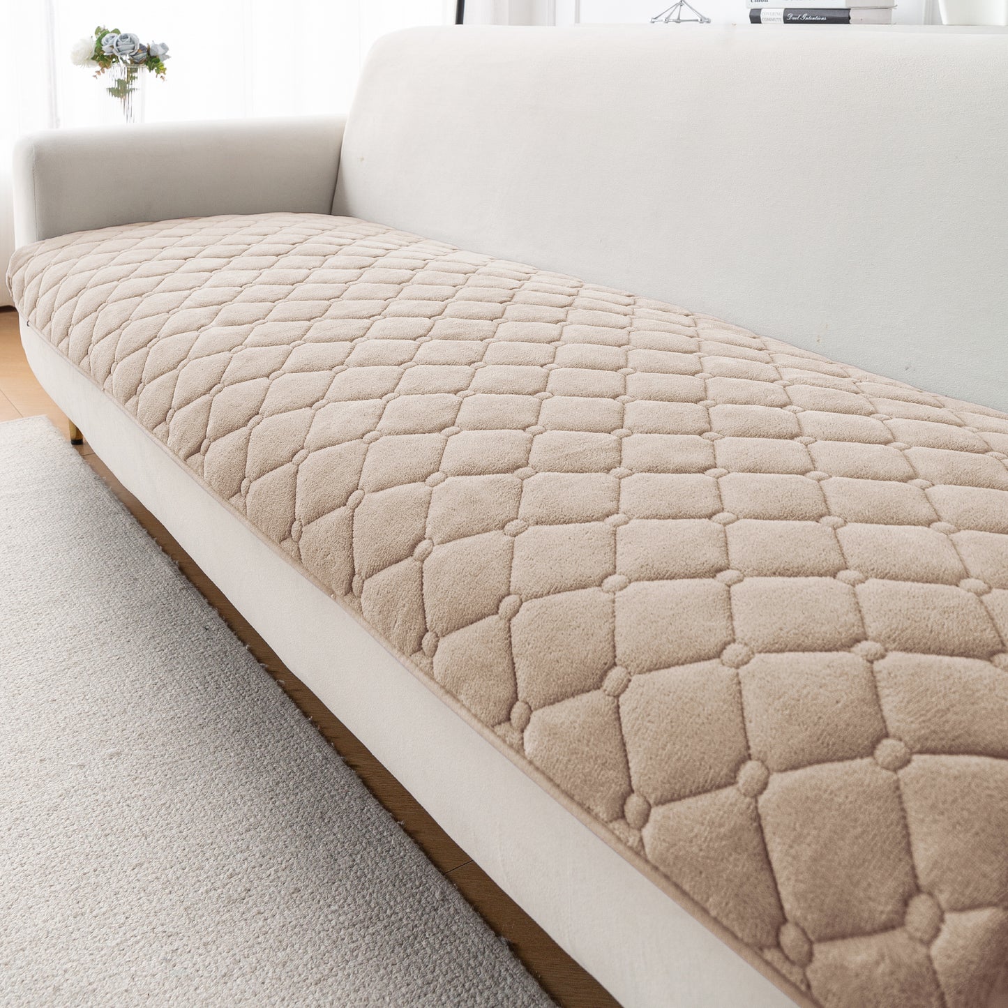Diamond Tuft Plush Sofa Cover Mat, Warm Taupe