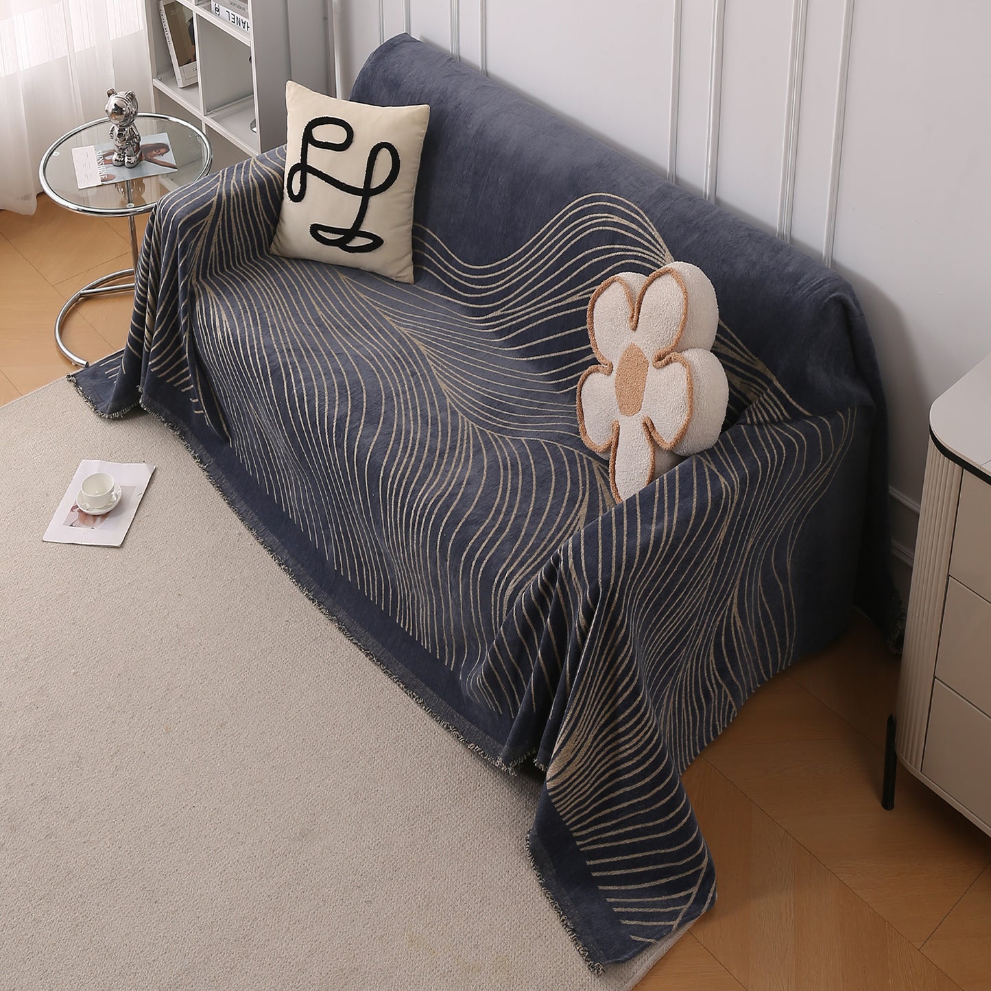 WaveLoom Collection Printed Chenille Sofa Cover Throw Blanket, Dark Grey