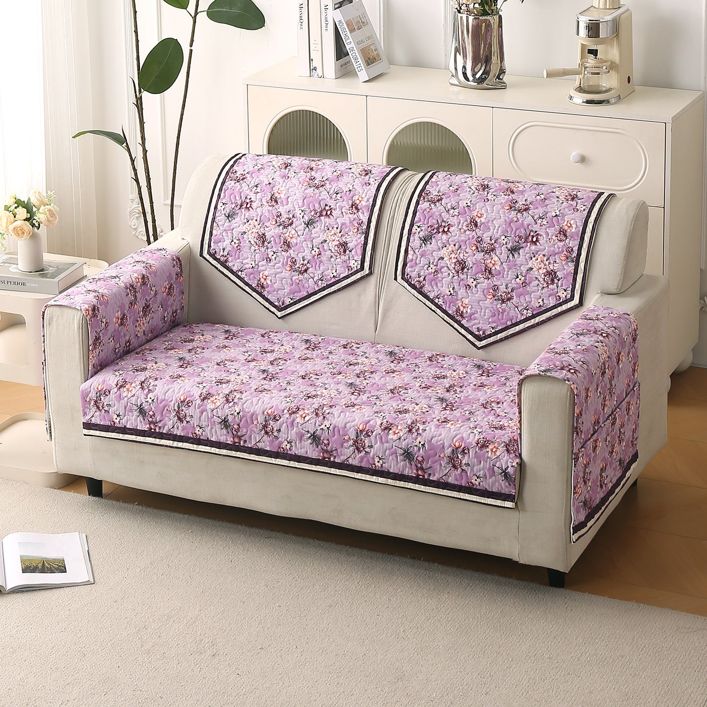 Florentina Series Printed Holland Velvet Sofa Mat - Peony Lavender
