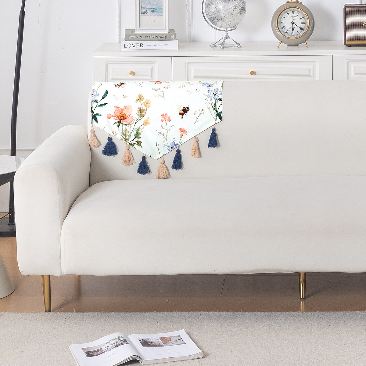 'Whispers of Nature' Series Holland Velvet Sofa Mat with Tassel, Pastel Butterfly Meadow