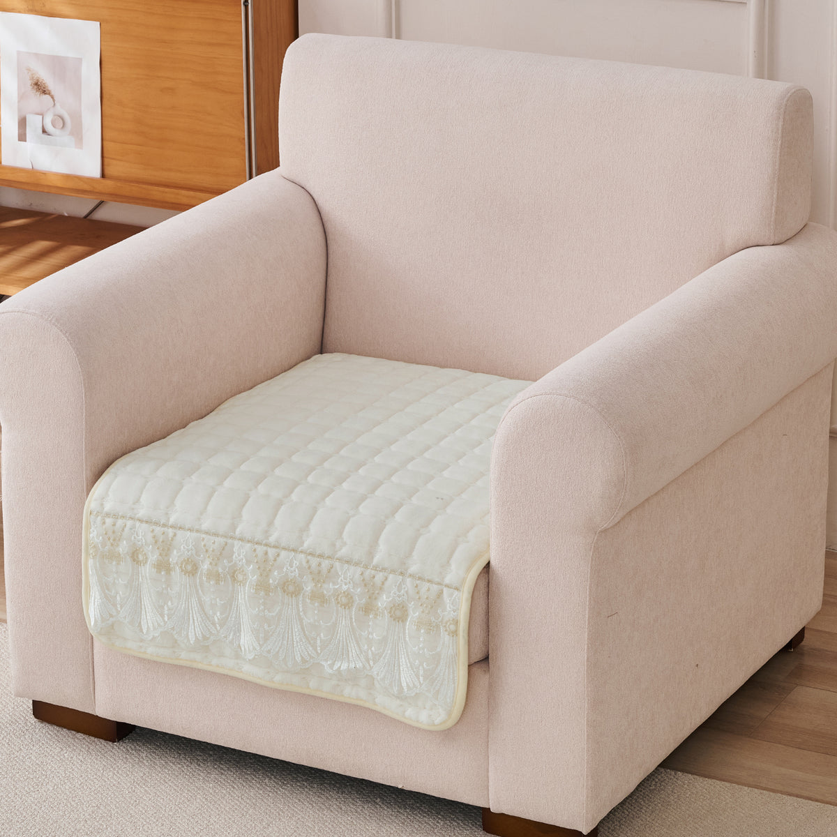 BelleLace Series Premium Imperial Milk Velvet Sofa Cover Mat with Lace Design -  Pearl White