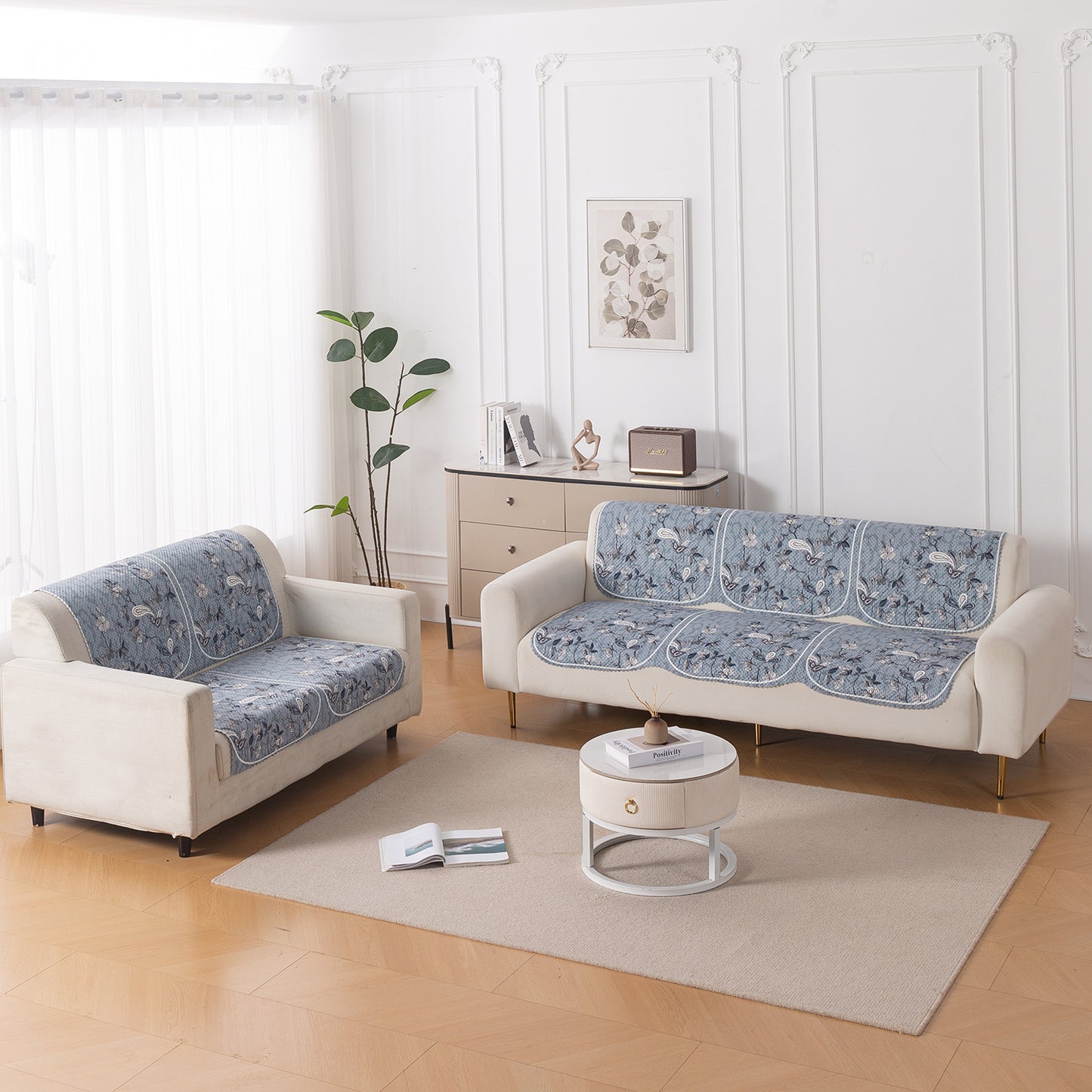 HeavenHue Fleece Soft Touch Quilted Sofa Cover Set Washable Sofa Panel for Seat & Back - Frosted Petals