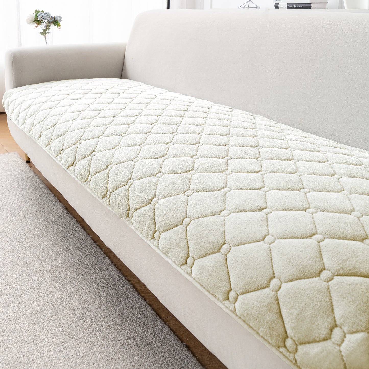 Diamond Tuft Plush Sofa Cover Mat, Ivory Cream