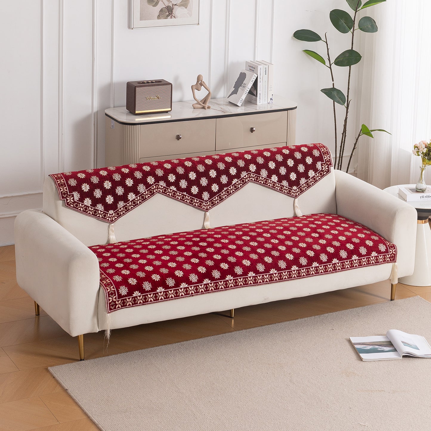 Heritage Weave Premium Jacquard Sofa Cover Set with Tassels -  Crimson Red
