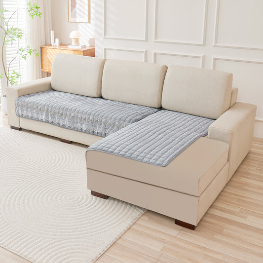 BelleLace Series Imperial Milk Velvet L Shape Sofa Cover Mat with Lace Design - Cloud Grey