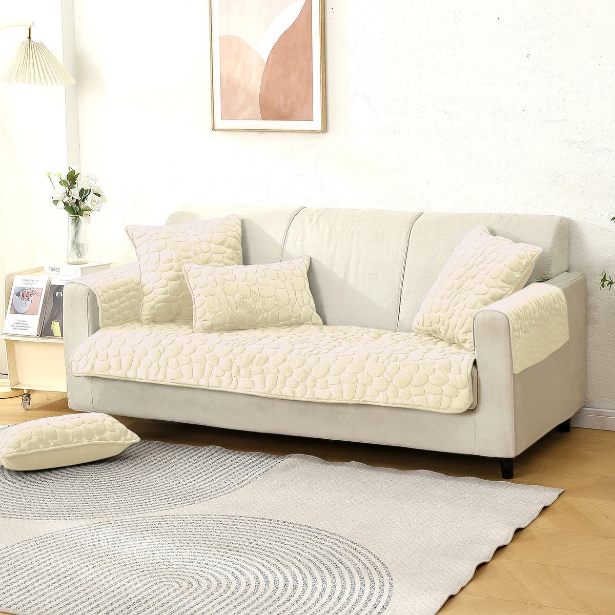 Premium Pebble Milk Velvet Anti Slip Sofa Cover Mat with 2 Armrest Cover, Bliss White