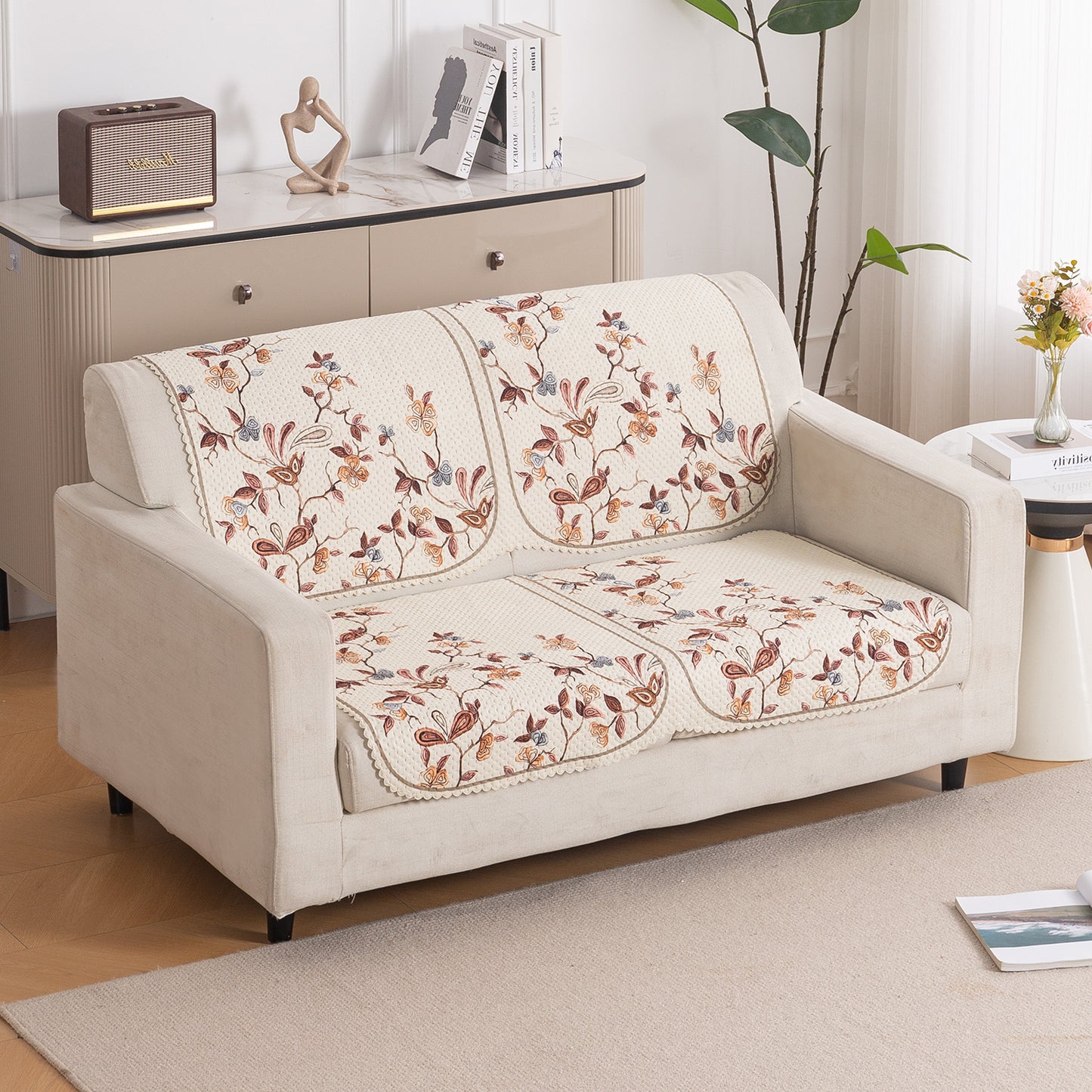 HeavenHue Fleece Soft Touch Quilted Sofa Cover Set – Washable Sofa Panel for Seat & Back - Autumn Whisper