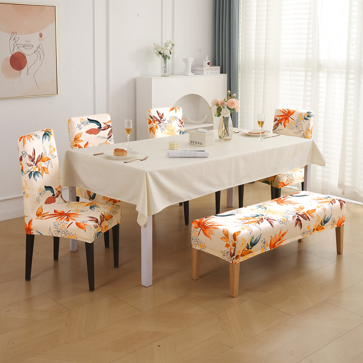 Premium Velvet Cover Set for 4 Dining Chairs + 1 Dining Bench, Amber Serene Flora