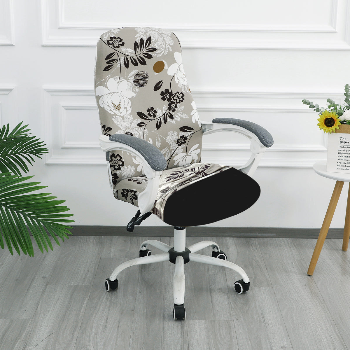 Printed Office Chair Cover for Desk Chair (Mid-Back) – 140 GSM Stretch Fabric – Washable, Durable & Anti-Slip – Fits Mid-Back Office Chairs, Feather Brown Floral - Medium
